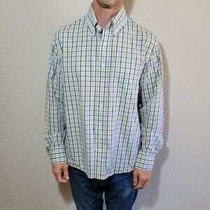 Sonoma Mens Button Down Shirt Large Check Plaid White Brown Yellow Cotton Top